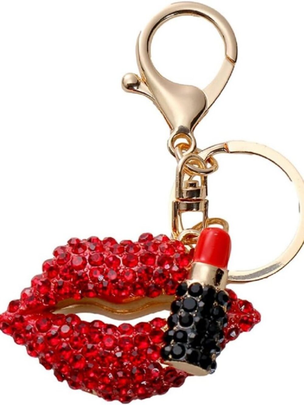 Cute Red Lips Keychain for Women, Sparkling Rhinestone Lipstick Keyring, Boho